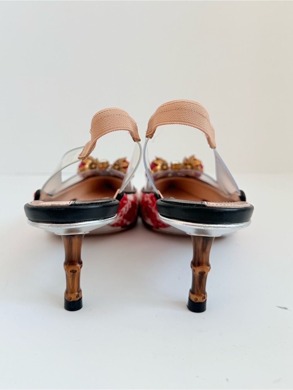 Gucci Eleanor Strawberry Tweed Crystal PVC Bamboo Slingback Pumps 39 - Picture 5 of 9